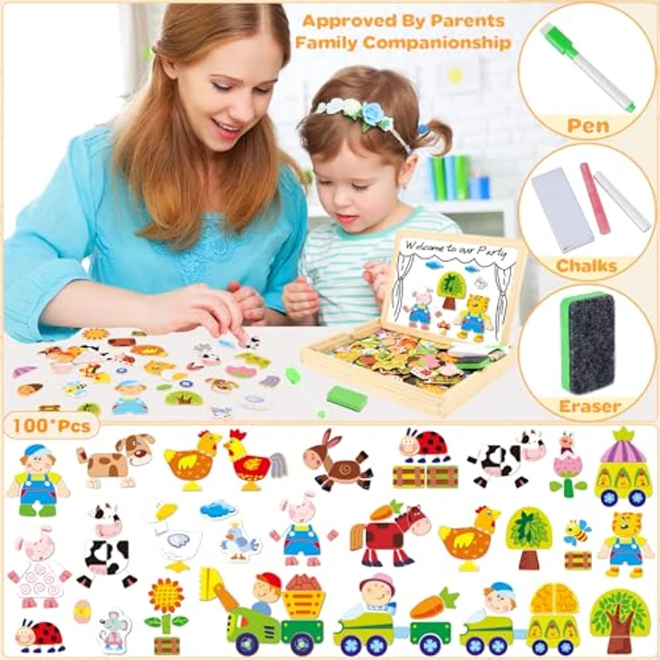 COOLJOY Magnetisches Holzpuzzle mit Doppelseitiger Tafel, Flyfun Holzspielzeug Puzzles Kinder 3 Jahre, Pädagogische Lernspiel 100 Bunten Teile, Kreativ Geschenk für Kinder (Farmmuster) – Bild 7