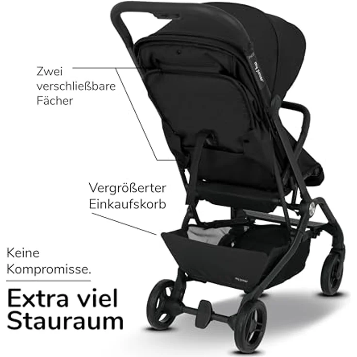 my junior® Buggy PICO² | bis 22kg | Einhand AutoFold-Klappmechanismus | Ergonomische Liegeposition nach IGR e. V. | großes Sonnenverdeck UV50+ | Handgepäckmaß | 2 Belüftungsfenster - Black Night – Bild 6