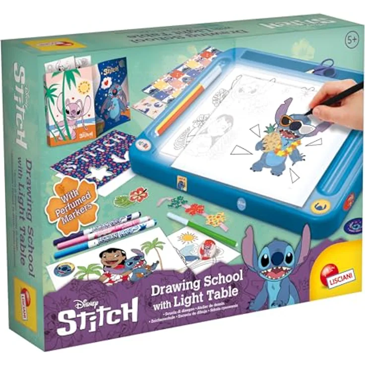 Lisciani Disney Stitch Zeichenschule mit Licht-Tisch, A4 Leuchttisch, inklusive Schablonen und Duft-Stiften, für Kinder ab 5 Jahren