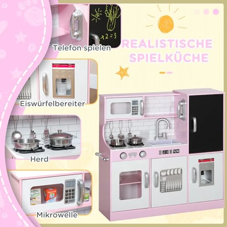 AIYAPLAY Kinderküche Spielküche mit Mikrowelle, Herd, Spüle, Kreidetafel und Spielzeug Telefon, rosa, für 3-8 Jahre, inkl. Küchenzubehör Spielset – Bild 4