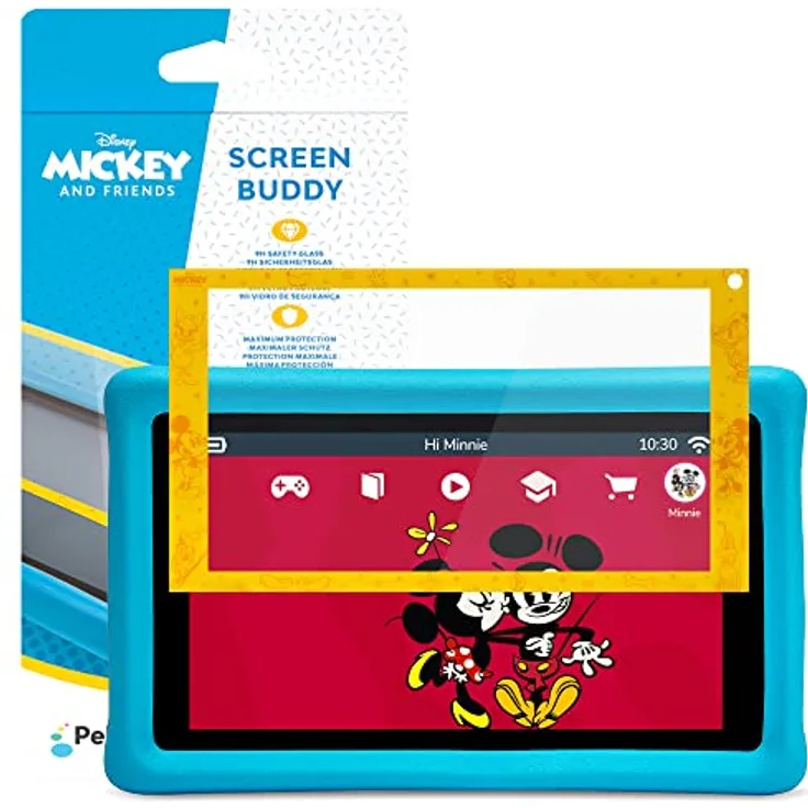 Pebble Gear Disney Mickey and Friends Displayschutz für 7" Kinder Tablet - 9H Sicherheitsglas mit Mickey and Friends-Motiv, maximaler Schutz, inkl. Reinigungstuch, speziell geeignet für Tablets