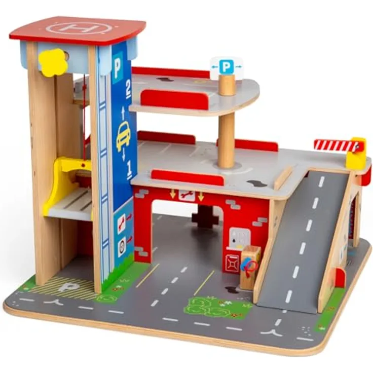 Bigjigs Spielzeug Holz Park & Play Garage Spielset, belebte Autowerkstatt mit Autolift, Servicecenter und Hubschrauberlandeplatz, 3 Ebenen