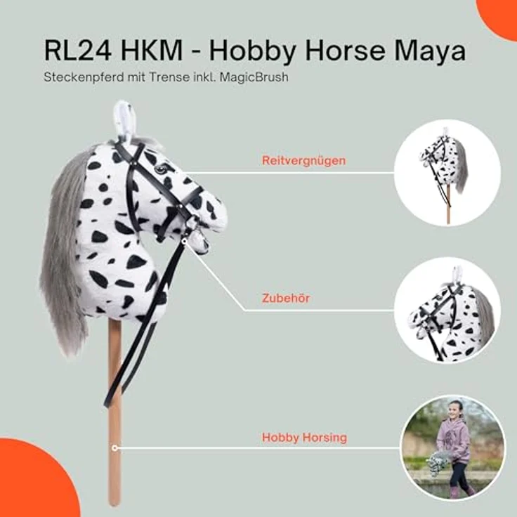 RL24 HKM Hobby Horse Maya, Steckenpferd aus Plüsch mit Holzstock, Trense, langer Mähne, ideal für Hobby Horsing, weiß – Bild 3