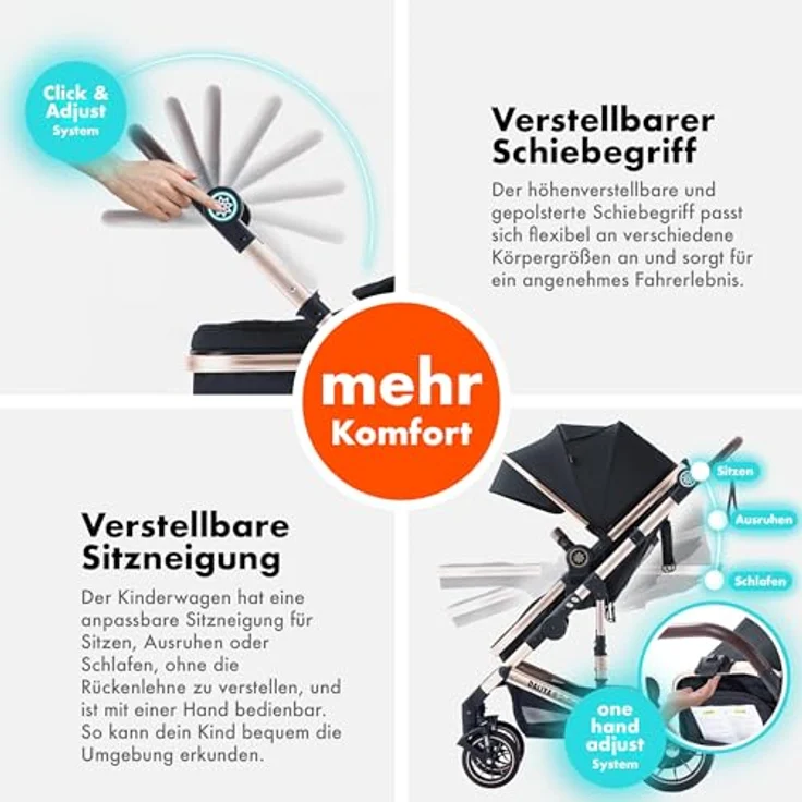 Daliya® NEOMOVE 2in1 Kombi-Kinderwagen, klappbare Babywanne und Sportsitz, große pannensichere Räder, leichter Aluminium-Rahmen, großer Einkaufskorb, Gold-Schwarz – Bild 3