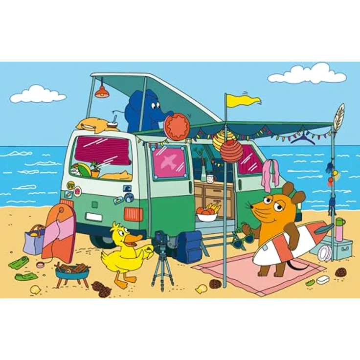 Schmidt Spiele Die Maus, Camping, 100 Teile Kinderpuzzle mit Puzzleposter, fördert Konzentration & Feinmotorik, aus Graspappe