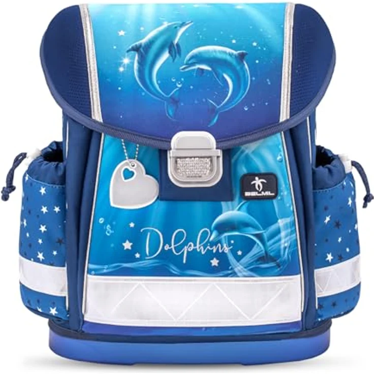 Belmil Classy Schulranzen Set 4-teilig (403-13/AG/S), ergonomischer Schulranzen mit Brustgurt, 19 L, wasserdichtes Polyester, Design Dolphins 2025 – Bild 4