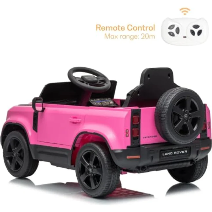 Vrooomy Land Rover Defender 90 Elektro-Kinderfahrzeug 12V, Akku-Kinderauto mit Fernbedienung, EVA-Rädern, 3-Punkt-Gurt, MP3-Player und funktionierenden Türen, Rosa – Bild 4