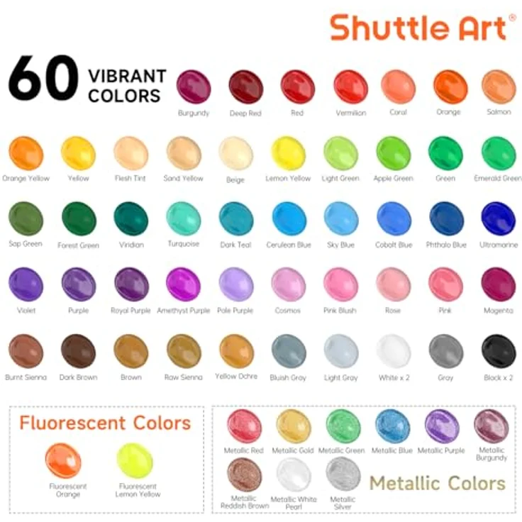 Shuttle Art 72 Stück Acrylfarben Set, 60 hochpigmentierte und ungiftige Farben in 60ml Flaschen, wasserfest für Künstler und Anfänger auf verschiedenen Oberflächen – Bild 3
