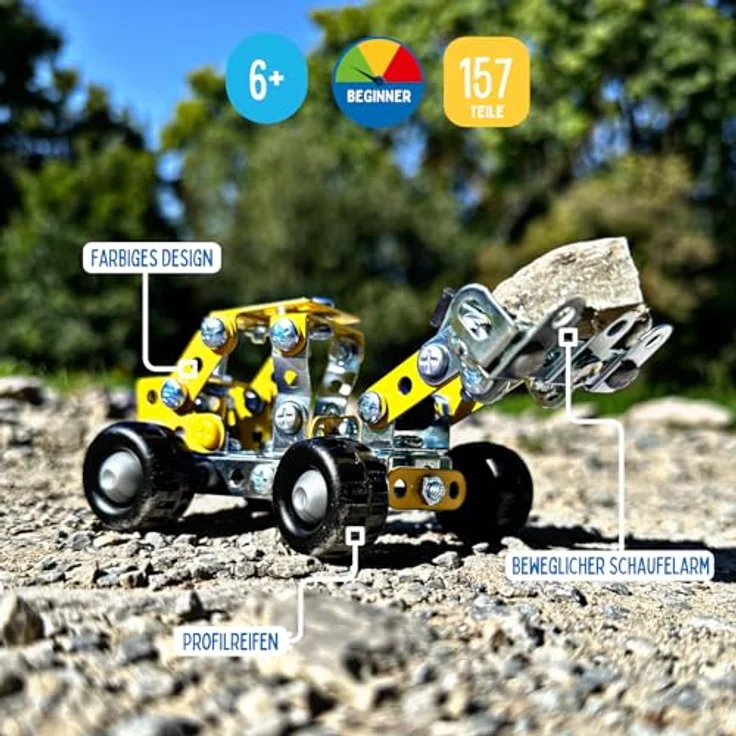 Eitech Mini Radlader 00250, Metallbaukasten mit 157 Bauteilen, Konstruktionsspielzeug mit Knicklenkung und beweglichem Schaufelarm, Made in Germany – Bild 2