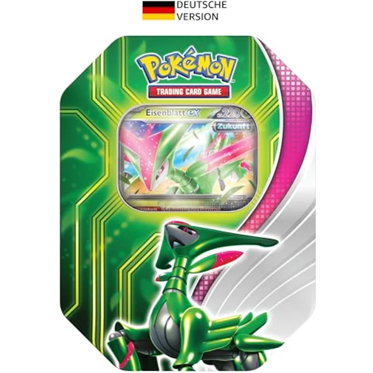 Pokémon-Sammelkartenspiel: Tin-Box Paradoxclash: Eisenblatt-ex (1 holografische Promokarte & 4 Boosterpacks) – Bild 1