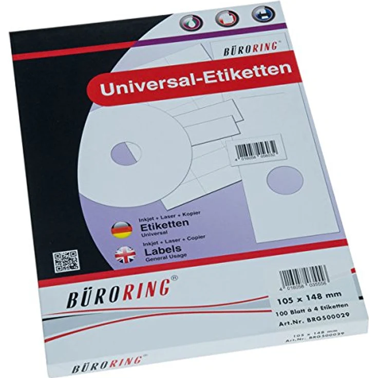 Büroring Etiketten A4, 105 x 148mm, 400 Selbstklebende Etiketten, weiß, 100 Blatt