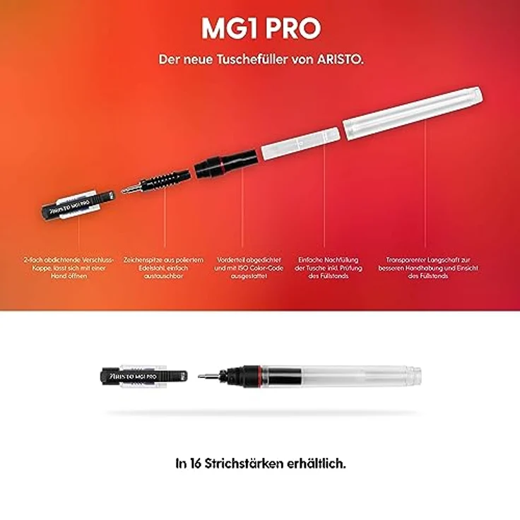 Aristo Tuschstift mg1 3er Set, Schwarz, mit Strichstärken 0,35 mm, 0,50 mm, 0,70 mm, inkl. Feinminenstift und Nachfülltusche – Bild 4