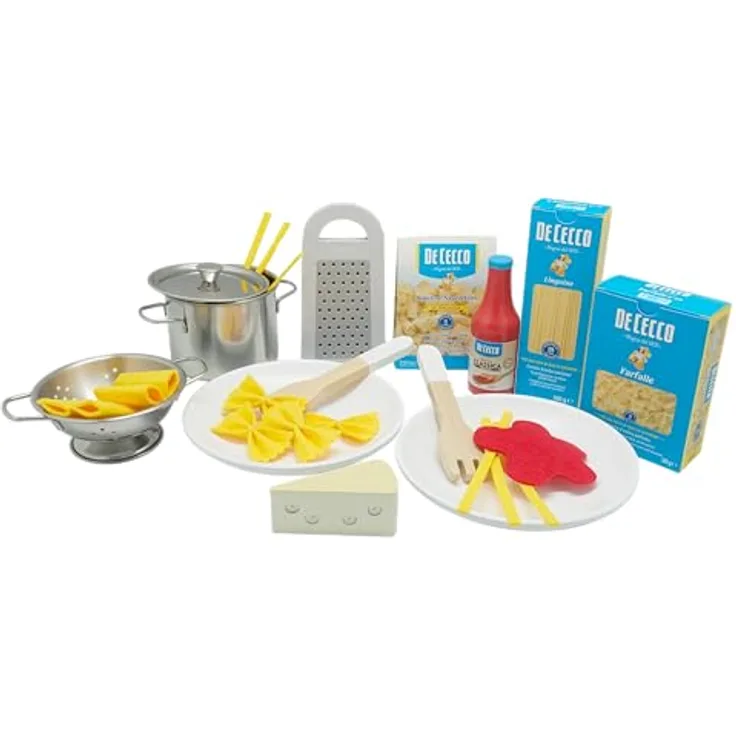 tanner DER KLEINE KAUFMANN Tanner Deco – De Cecco Pasta Set, umfangreiches Spielset mit Holz-, Filz- und Metallzubehör, scannbare Barcodes, geeignet ab 2 Jahren