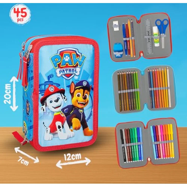 Clondo 3-Fach Federmäppchen für Kinder – PAW Patrol – Komplett gefüllt mit Stiften, Schere, Lineal & mehr – 20 x 12 x 7 cm, Blau – Bild 2