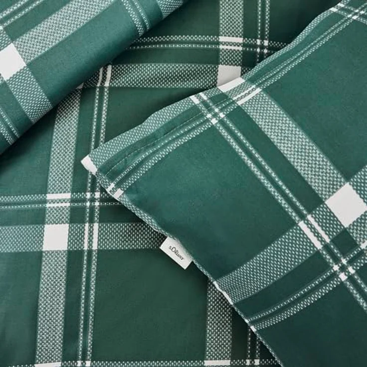 s.Oliver Mako Satin Bettwäsche Set 135x200 cm, 100% Baumwolle, grün Karo, mit Reißverschluss, weich & anschmiegsam – Bild 4