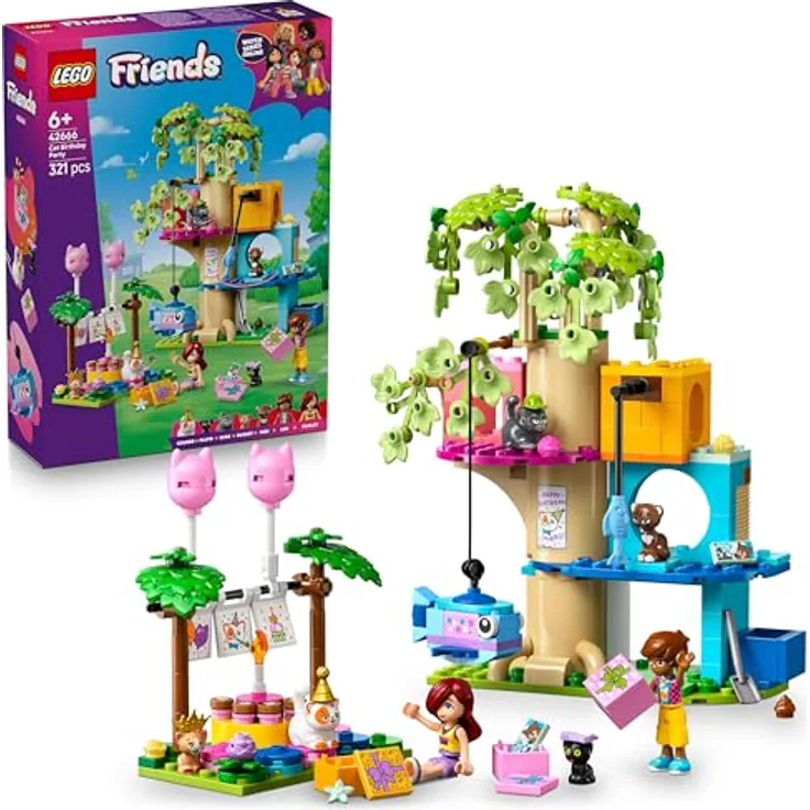 LEGO Friends 42666 Katzengeburtstagsparty & Baumhaus Bausatz, Spielset mit 2 Minifiguren und 5 Katzen, Mehrfarbig, 321 Teile