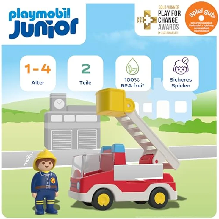 Playmobil® Konstruktions-Spielset Feuerwehrleiterfahrzeug (71683), JUNIOR, (2 St), Made in Europe – Bild 5