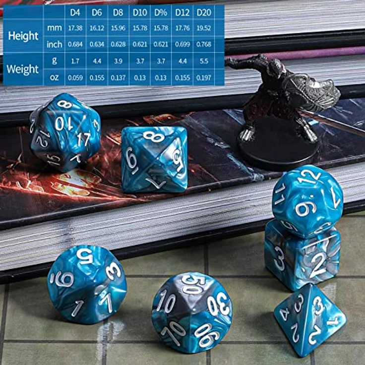 QMAY DND Dice Polyedrisches Würfel Set, 7 Stück für Dungeons und Dragons, Blau und Silber, Acryl, inklusive Samtbeutel, leicht ablesbar – Bild 3