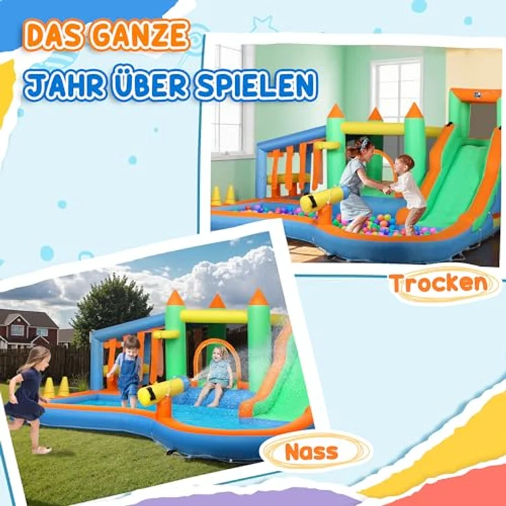 AIYAPLAY Hüpfburg mit Wasserrutsche, Planschbecken, Basketballkorb und Kletterwand, schnell aufblasbar, bunt, 416 x 370 x 195 cm, für drinnen und draußen – Bild 7