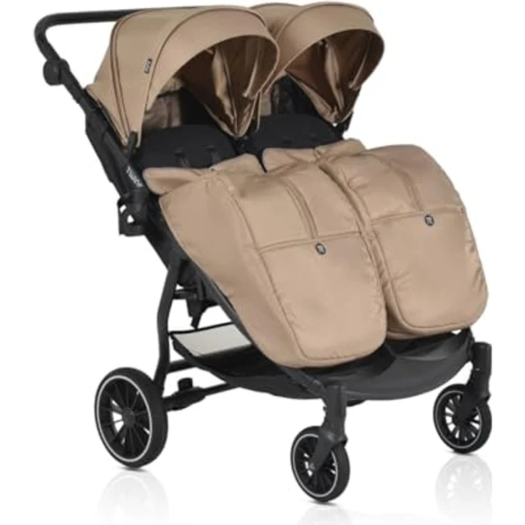 Moni Zwillingskinderwagen TwinGo Getränkehalter, Fußabdeckung, Hinterradbremse, braun – Bild 2