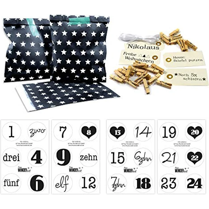 Frau WUNDERVoll® DIY Adventskalender zum Befüllen Bescherung, schwarz - weiße Sterne Papiertüten 13x16,5cm, Ziffern schwarz-weiß/Weihnachten Aufkleber Advent Kalender Kinder Geschenkbeutel – Bild 2
