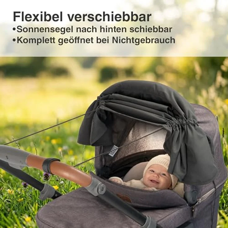 DIAGO Sonnensegel Kinderwagen mit Seitenschutz, UV Schutz 50+, atmungsaktiv und waschbar, Farbe: Anthrazite – Bild 4