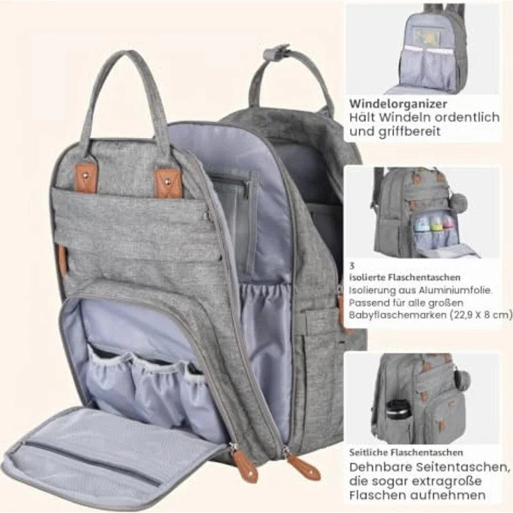 BabbleRoo Extra Große Wickelrucksack, Erweiterbare Babytasche mit bis zu 50% mehr Kapazität, inklusive Wickelunterlage, Kinderwagenbefestigung & Schnullertasche – Unisex – Bild 4