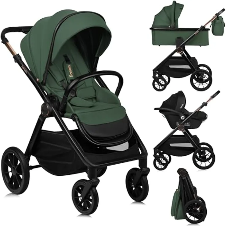 Lionelo LO-Layla 3in1 Kinderwagenset, Kombikinderwagen in Grün mit Babyschale, Babywanne und Sportwagenaufsatz, 62x115x94 cm, EN 1888