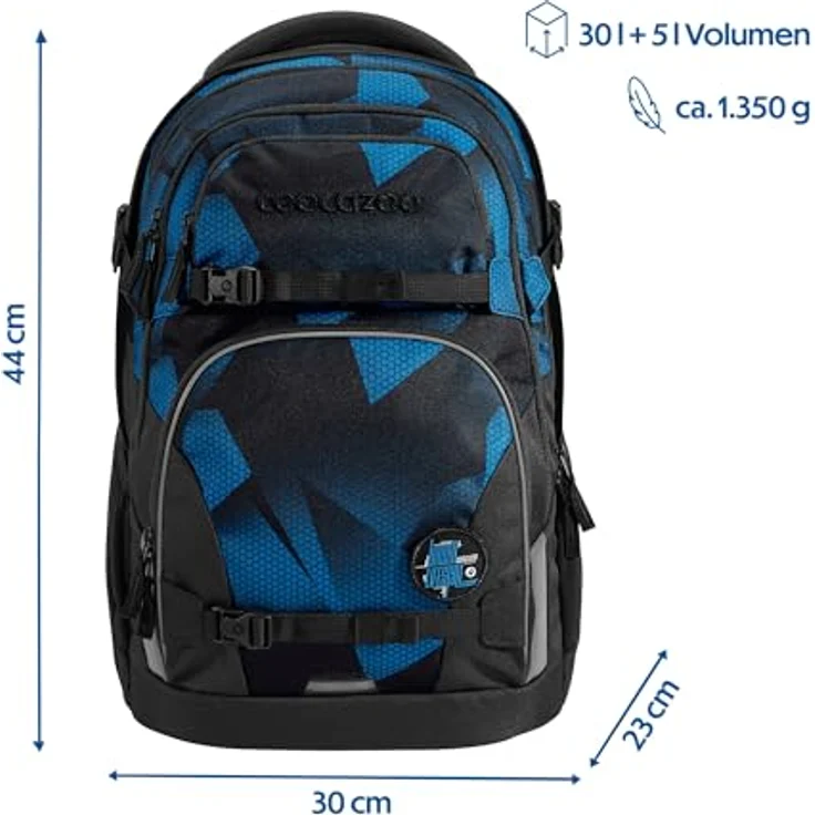 Coocazoo Schulrucksack Porter „Electric Ice”, ergonomischer Tornister, höhenverstellbar, schwarz-blau, mit Brust- und Hüftgurt, 30 Liter Stauraum ab der 3. Klasse – Bild 2