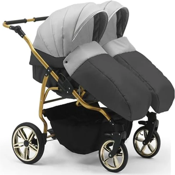 Elcar Zwillingskinderwagen 5 in 1 Duet Lux Goldedition inkl. Autositze und Iso Bases - 14 Teile - Luftbereifung, höhenverstellbarer Griff, in 20 Farben – Bild 3