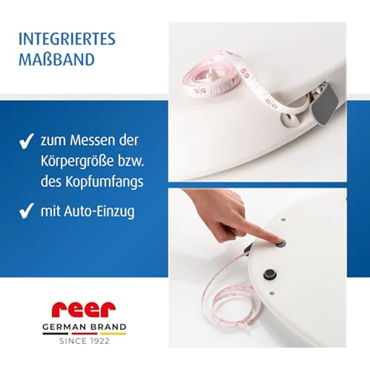 reer BabyCare Babywaage, Ergonomische Wiegeschale für Neugeborene/Babys, 25kg Maximalgewicht, Integriertes Maßband, HOLD- und Tarierfunktion, Beleuchtetes LCD-Display, Präzision von 5g – Bild 5