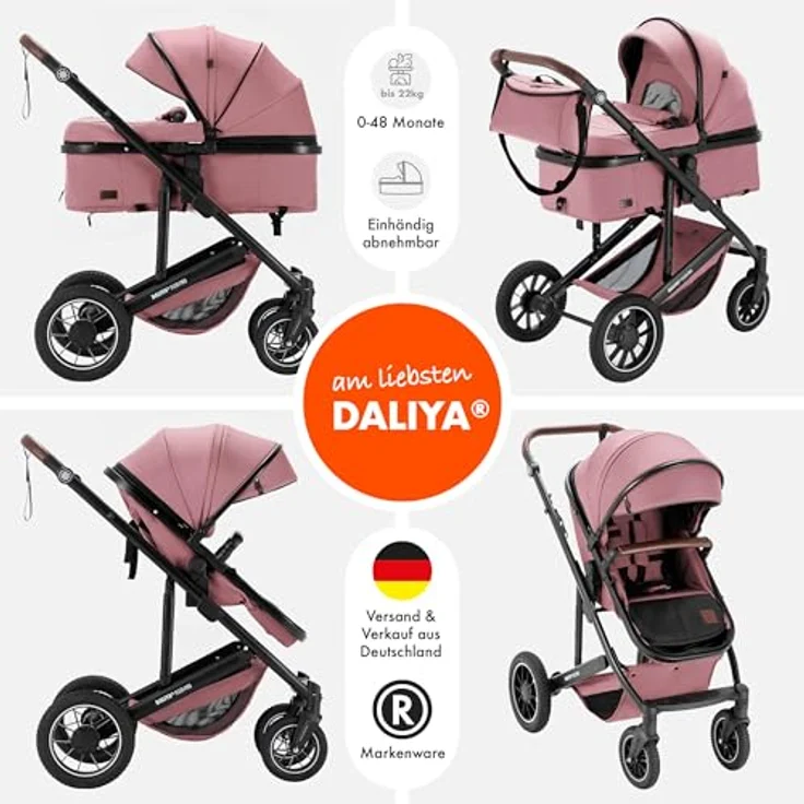 Daliya FLEXI-PRO M 2in1 Kombikinderwagen, leichter klappbarer Buggy mit Liegefunktion, höhenverstellbar und großem Einkaufskorb, rosa Leinen – Bild 2