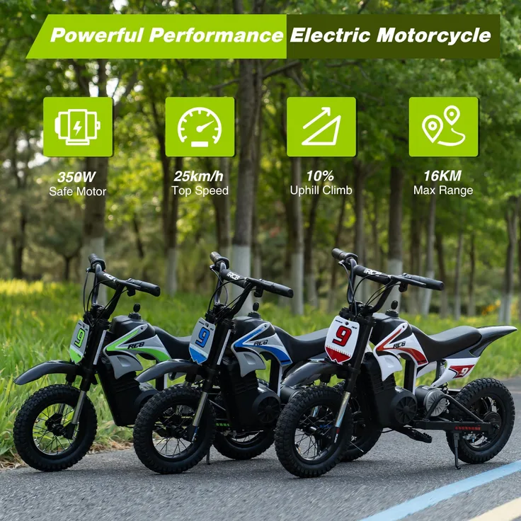 RCB R9X PRO Kinder-Elektromotorrad, blau, 350 W, 36 V, mit 12 Zoll Gummireifen und dreifacher Fahrstufeneinstellung
