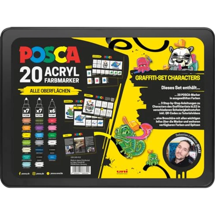 Faber-Castell uni-ball 186830 - POSCA Marker Set, 20er Etui, inkl. Anleitungen für 3 Graffiti Charaktere, wasserbasierte Tinte, verschiedene Spitzen – Bild 4