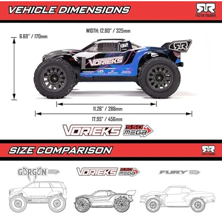 ARRMA VORTEKS MEGA 550 2WD, Ferngesteuertes Auto, RC Auto 1/10, Stadium Truck, über 30 km/h, aufrüstbar, inkl. Zubehör, Blau – Bild 3