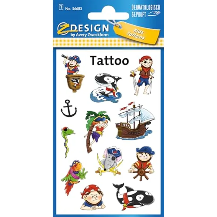 Avery Zweckform Kindertattoo Piraten 56683, Temporäre Tattoos für Kinder, dermatologisch geprüft, einfach aufzutragen und zu entfernen