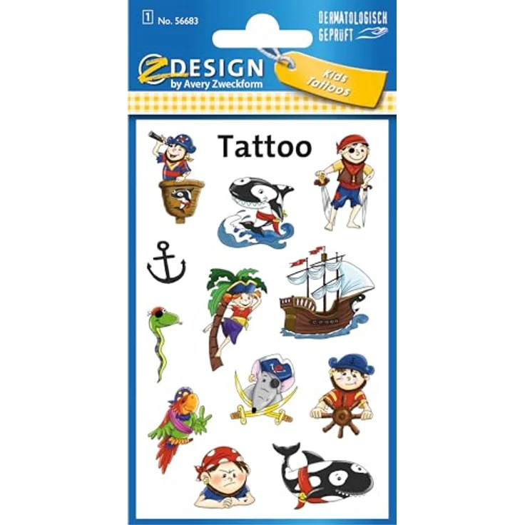 Avery Zweckform Kindertattoo Piraten 56683, Temporäre Tattoos für Kinder, dermatologisch geprüft, einfach aufzutragen und zu entfernen – Bild 1