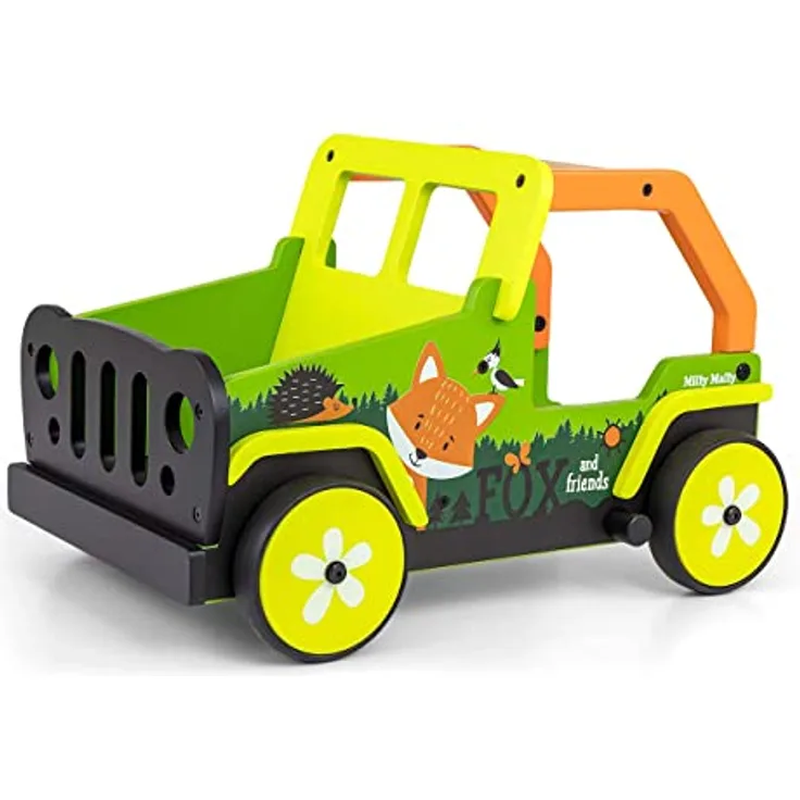 Milly Mally Explorer, Kinder Lauflernwagen aus Holz, Push-Pull Lauflernhilfe für 1-3 Jahre, mit Bremse und geräumigem Kofferraum, Fox and Friends Design