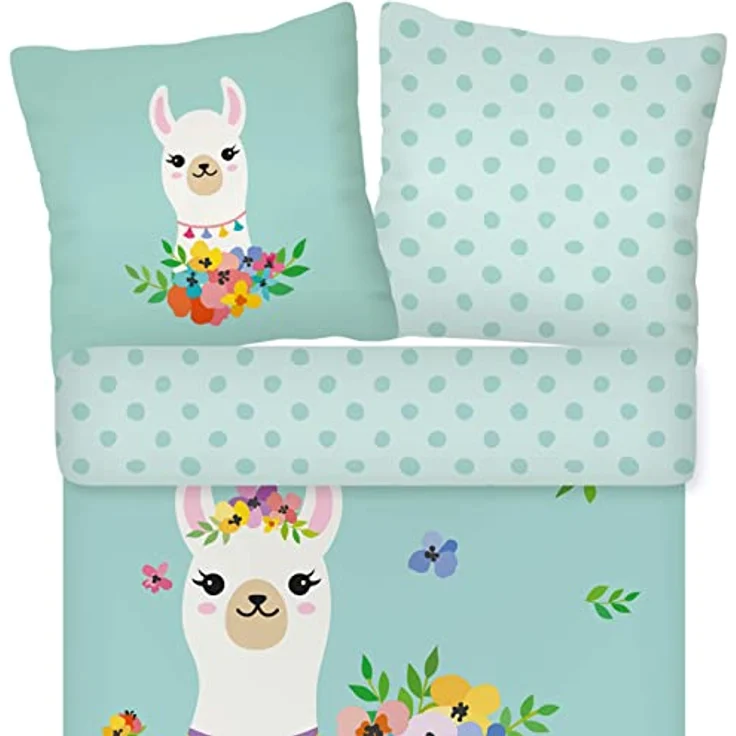 ESPiCO Bettwäsche Trendy Bedding Lama Blumen & Punkte, 100% Baumwolle, Wendeoptik, 135 cm x 200 cm, mintgrün – Bild 2