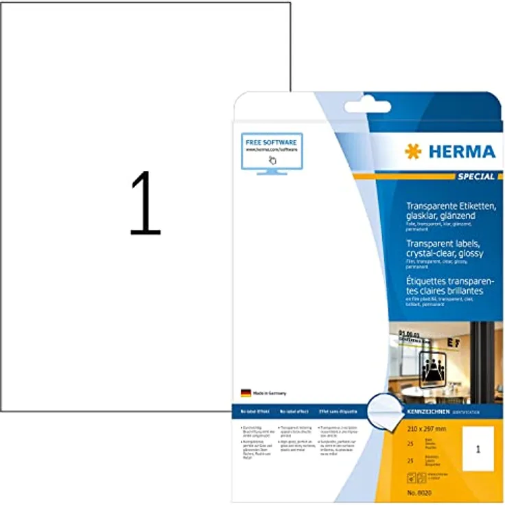 HERMA 8020 Wetterfeste Folienetiketten transparent, 25 Blatt, 210 x 297 mm, 1 pro A4 Bogen, 25 Stück, selbstklebend, bedruckbar, glänzend, blanko Klebeetiketten Aufkleber aus Folie, durchsichtig