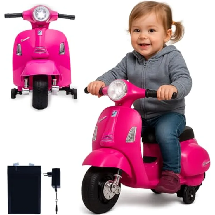 JAMARA Ride-on Vespa Mini pink, Elektrofahrzeug mit 8,4V Li-Ion Akku, Kippschutz und LED Scheinwerfer