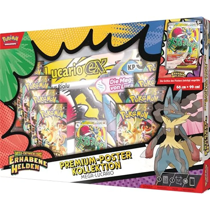 AMIGO Pokemon Lucario Premium-Poster-Kollektion, einschließlich holografischer Mega-Lucario-ex Karte, 10 Boosterpacks und Poster, deutsch – Bild 3