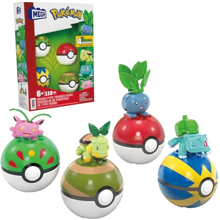 Mega Brands MEGA Pokémon Actionfigur-Bauspielzeug, Pflanze-Typ Trainerteam mit 118 Teilen, bewegliche Bisasam-, Chelast-, Hoppspross- und Myrapla-Figuren, Geschenkidee für Kinder, HWR77