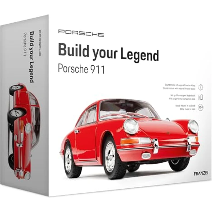 Franzis 67247 Porsche 911 Build Your Legend, detailgetreuer Modellbausatz 1:24 mit Soundmodul, LED-Beleuchtung und Begleitbuch, weiß – Bild 1