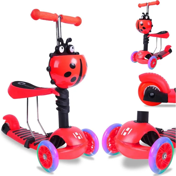 Europebazar Habib 3-in-1 Kinderroller mit abnehmbarem Sitz, LED-Rädern und höhenverstellbarem Lenker, rot, für 2-8 Jahre
