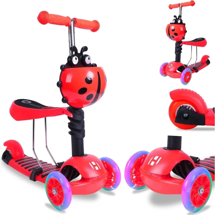 Europebazar Habib 3-in-1 Kinderroller mit abnehmbarem Sitz, LED-Rädern und höhenverstellbarem Lenker, rot, für 2-8 Jahre