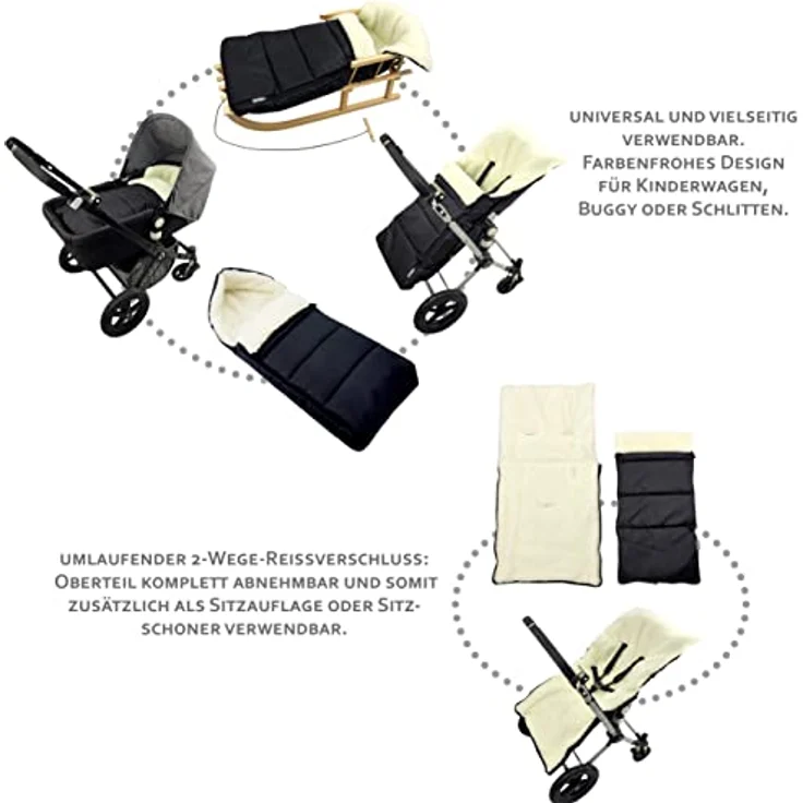 BAMBINIWELT KOMBI-ANGEBOT Muff + Winterfußsack 108cm - aus Lammwolle für Kinderwagen, Buggy, Radanhänger - WOLLE - LINIERT - SCHWARZ – Bild 4