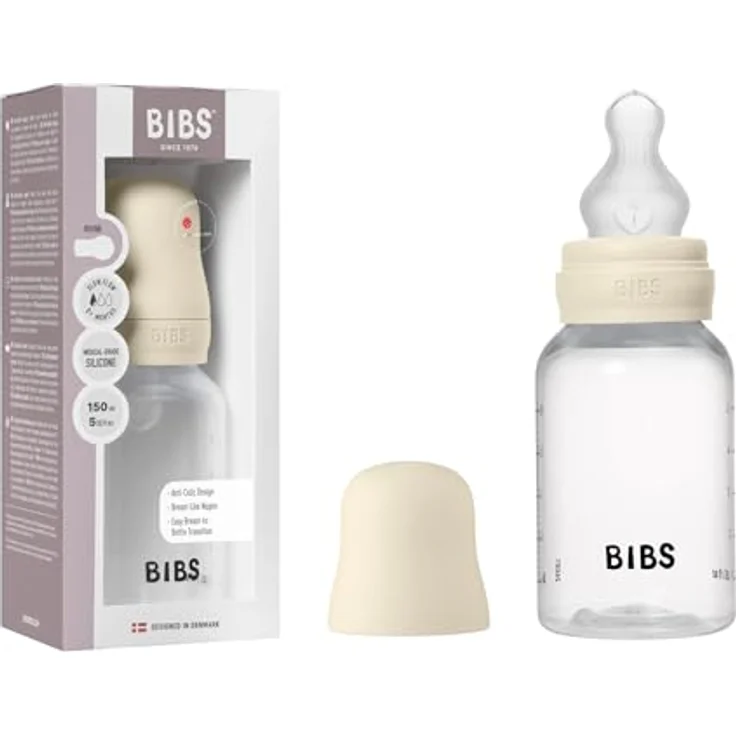 BIBS Babyflasche 150 ml, Silikon-Sauger, Anti-Kolik, BPA-frei, langsamer Milchfluss, für Neugeborene, ivory – Bild 1