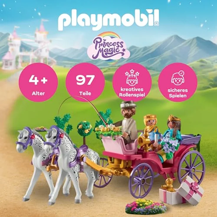 PLAYMOBIL Kutschfahrt mit Prinzessin und Prinz, inklusive dekorierter Kutsche und Pferde mit Herzgeschirr – Bild 2