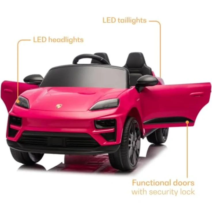 Vrooomy Porsche Macan Turbo Kinder Elektro Auto, 12V mit Fernbedienung, Soft-Start, funktionierende Türen, Bluetooth, EVA-Räder, rosa – Bild 3